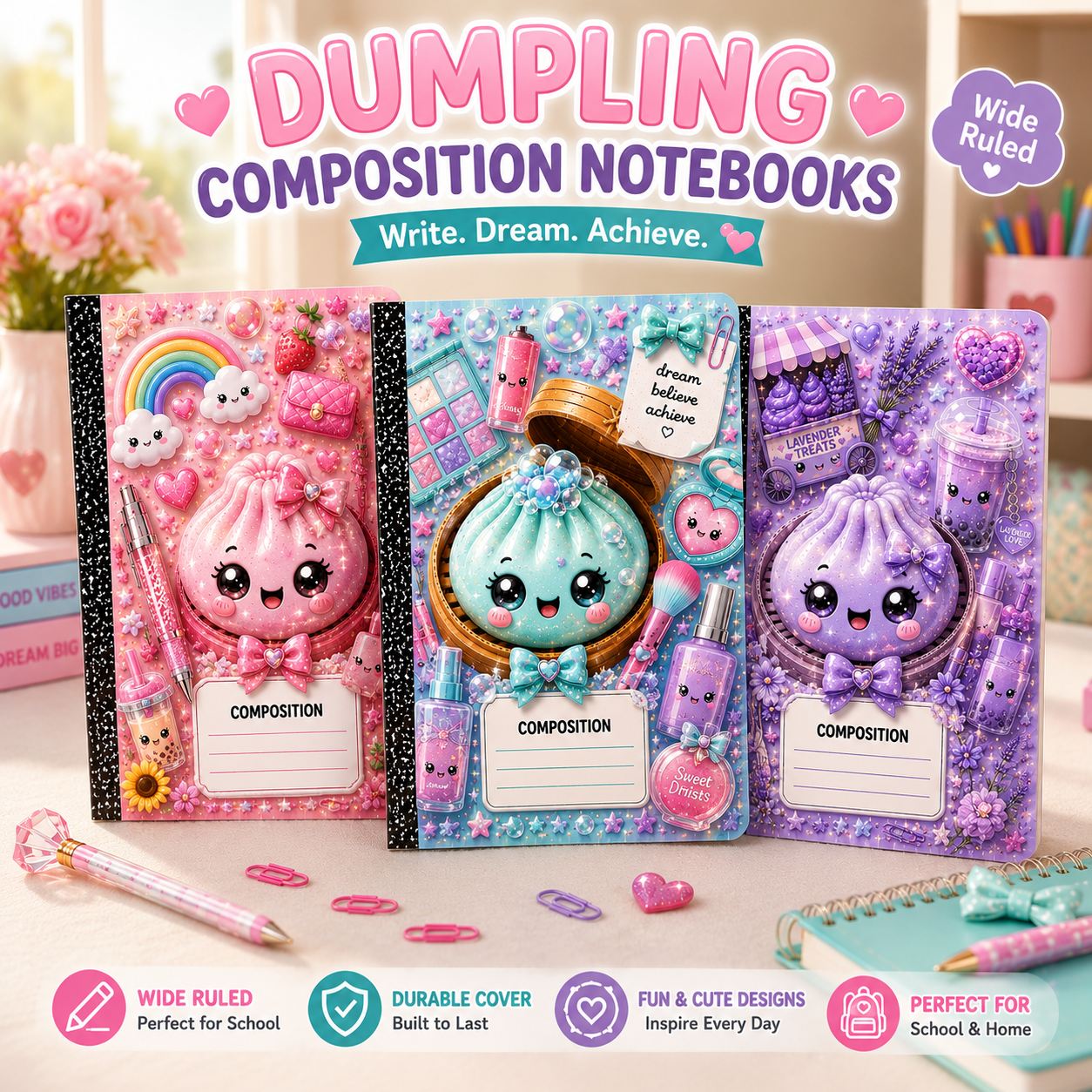 Dumpling Composition Notebook PNG Bundle | 12 Kawaii Cover Designs | Wide Ruled Notebook Wrap | Canva Template | Sublimation PNG | Digital Download | Back to School