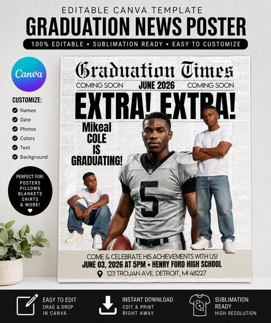 9 Graduation Newspaper Canva Template Bundle | Editable Class of 2026 Grad Poster Templates