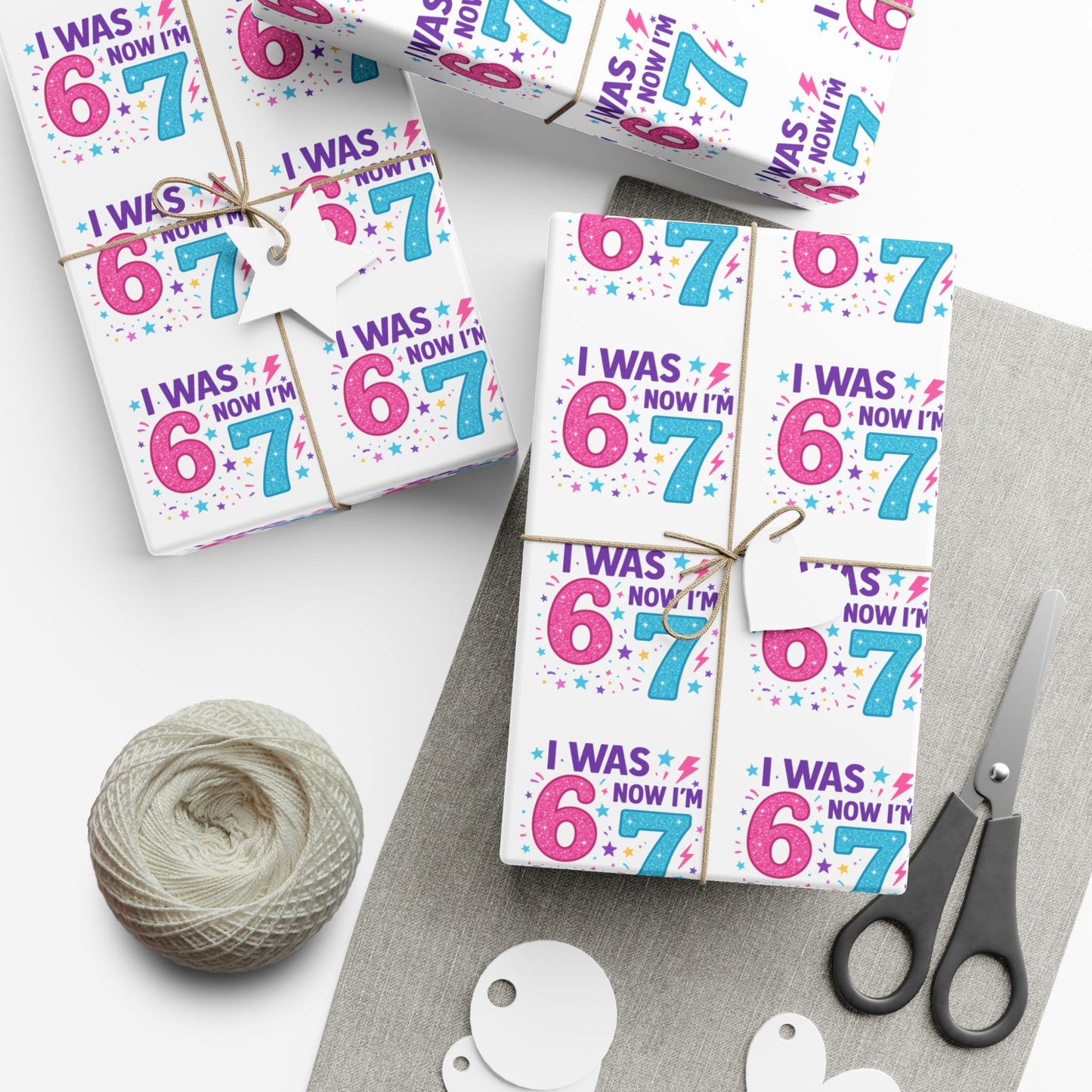 🎂 “I Was 6, Now I’m 7” Birthday Wrapping Paper Fun Pink & Blue Confetti Design
