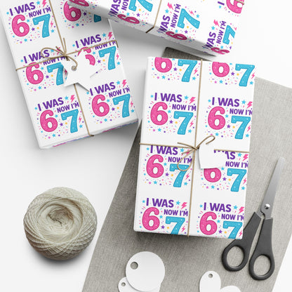 🎂 “I Was 6, Now I’m 7” Birthday Wrapping Paper Fun Pink & Blue Confetti Design