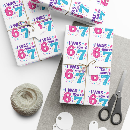 🎂 “I Was 6, Now I’m 7” Birthday Wrapping Paper Fun Pink & Blue Confetti Design