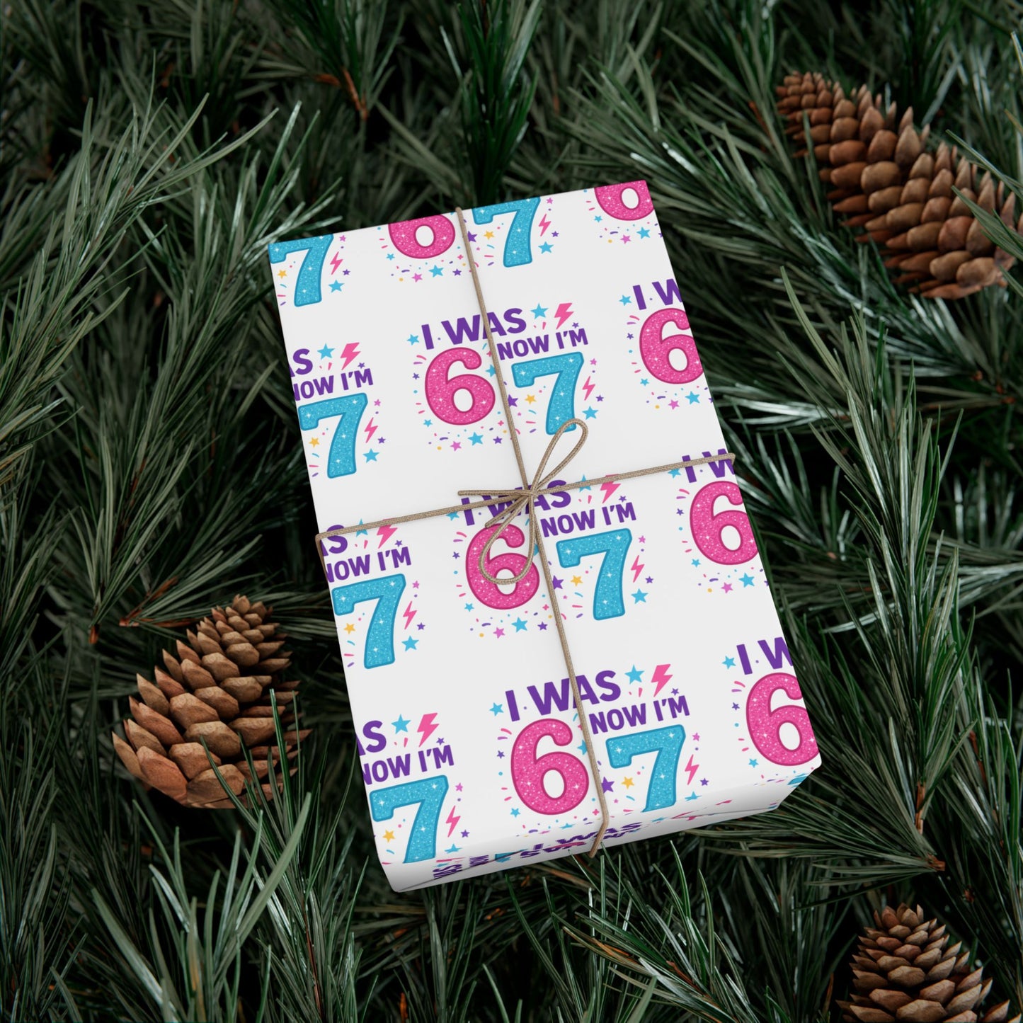 🎂 “I Was 6, Now I’m 7” Birthday Wrapping Paper Fun Pink & Blue Confetti Design