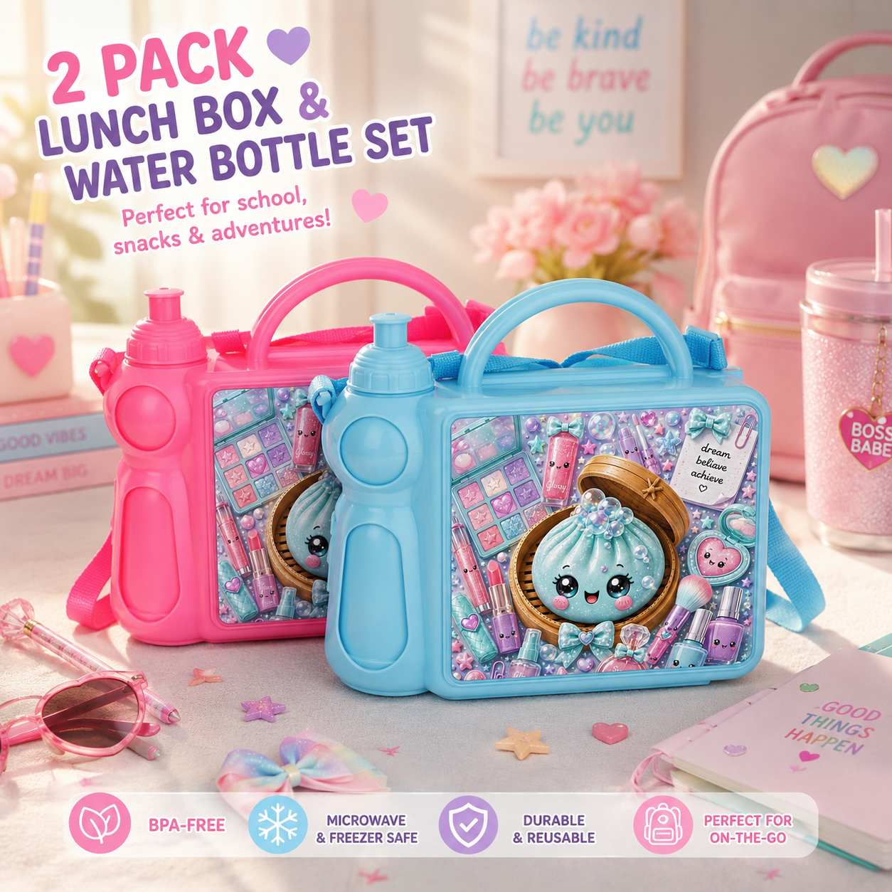 Kawaii Dumpling Lunch Box & Water Bottle PNG Bundle | 14 Designs | 2-Pack Set Sublimation Wrap | BPA-Free Tumbler & Lunchbox Wrap | Canva Template | Digital Download | Back to School
