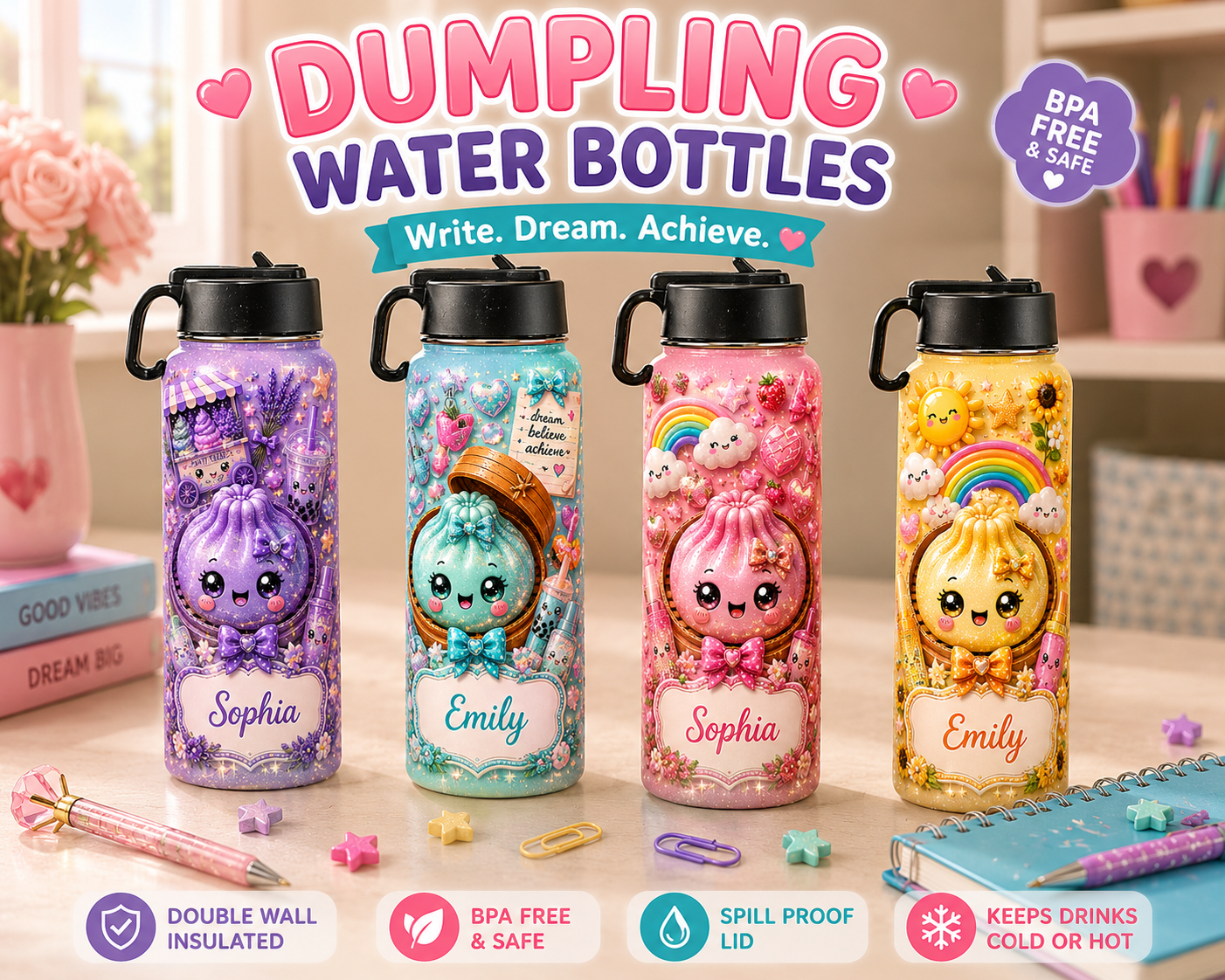 Dumpling Water Bottle PNG Bundle | Kawaii Water Bottle Wrap Design | Personalized Tumbler PNG | Canva Template | Sublimation Design | Digital Download
