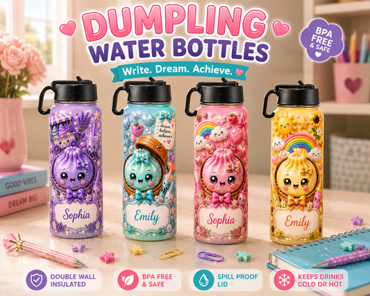 Dumpling Water Bottle PNG Bundle | Kawaii Water Bottle Wrap Design | Personalized Tumbler PNG | Canva Template | Sublimation Design | Digital Download