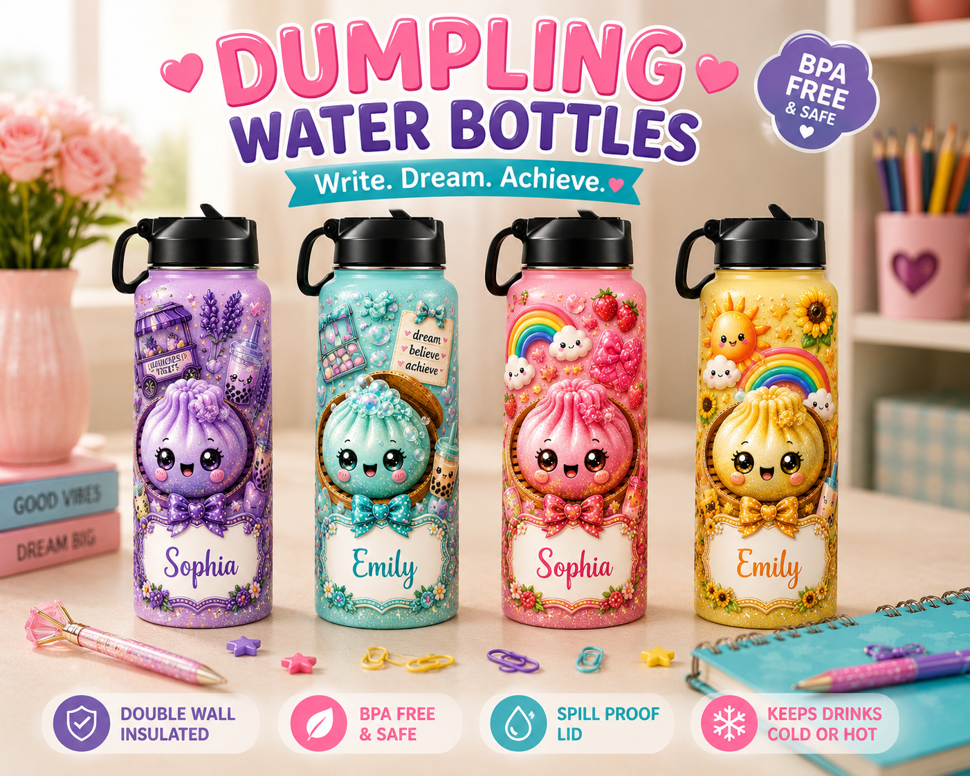 Dumpling Water Bottle PNG Bundle | Kawaii Water Bottle Wrap Design | Personalized Tumbler PNG | Canva Template | Sublimation Design | Digital Download