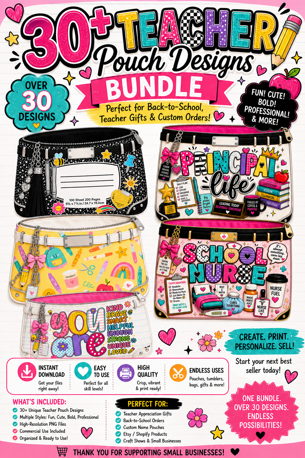 30+ Teacher Pouch Canva Templates | Editable Teacher Gift Designs | Back to School Printable Bundle