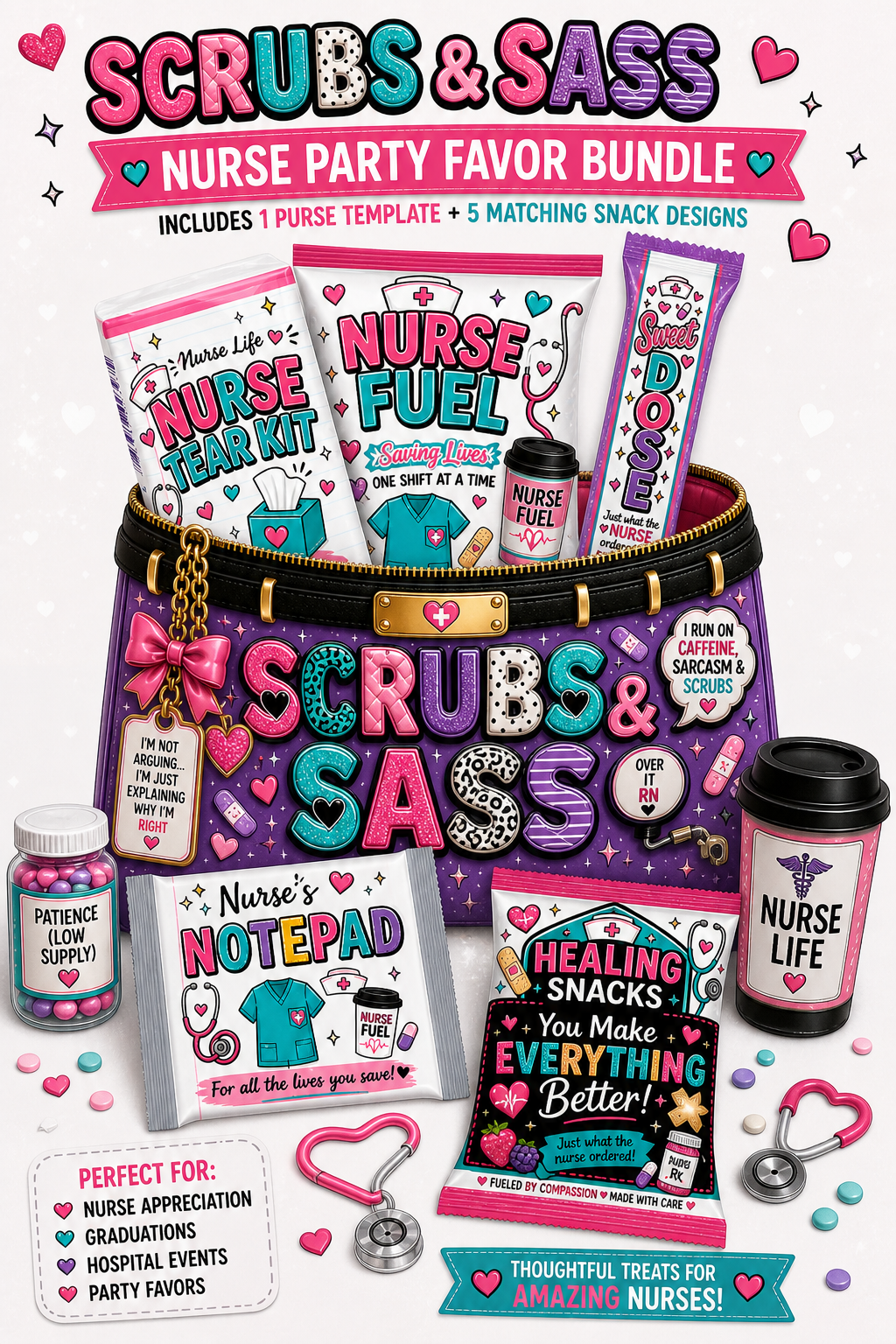 Nurse Party Favor Bundle Canva Templates | 3 Nurse Paper Purse Templates + 5 Matching Party Favor Designs | Editable Nurse Appreciation Gift Set