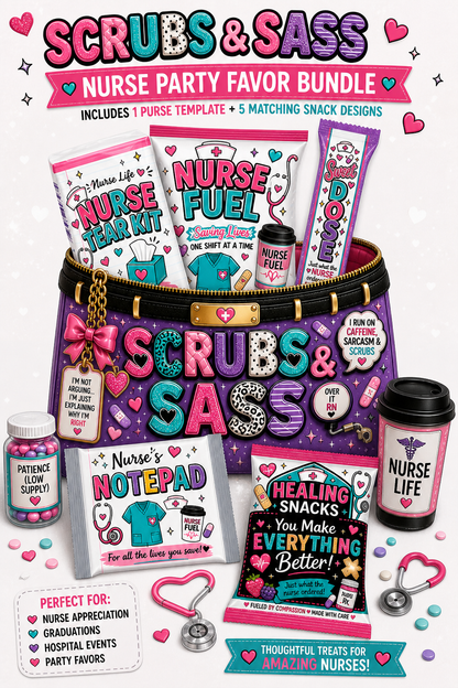 Nurse Party Favor Bundle Canva Templates | 3 Nurse Paper Purse Templates + 5 Matching Party Favor Designs | Editable Nurse Appreciation Gift Set