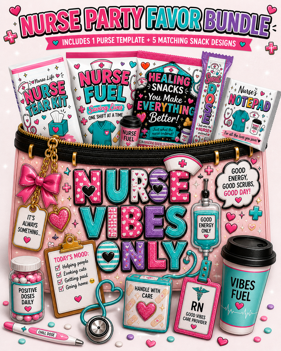 Nurse Party Favor Bundle Canva Templates | 3 Nurse Paper Purse Templates + 5 Matching Party Favor Designs | Editable Nurse Appreciation Gift Set