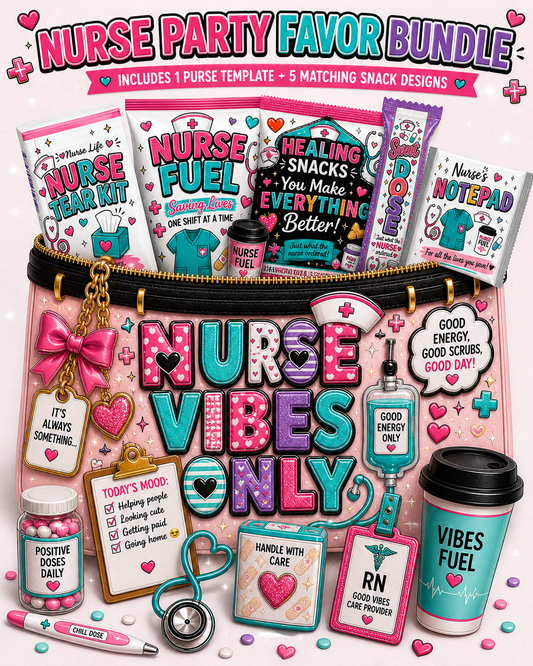 Nurse Party Favor Bundle Canva Templates | 3 Nurse Paper Purse Templates + 5 Matching Party Favor Designs | Editable Nurse Appreciation Gift Set