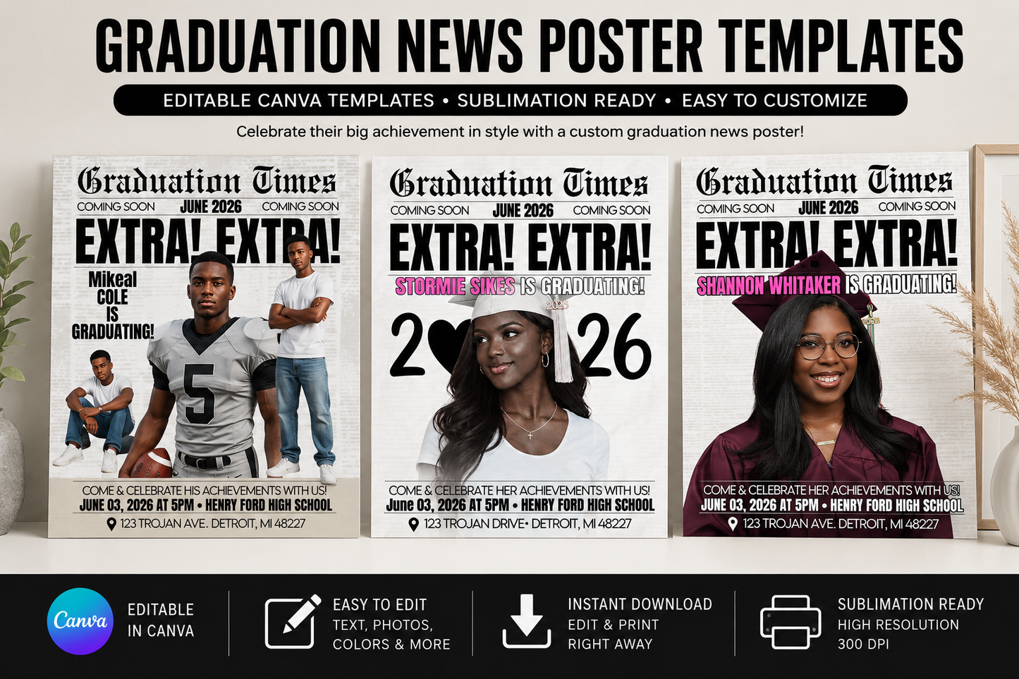9 Graduation Newspaper Canva Template Bundle | Editable Class of 2026 Grad Poster Templates