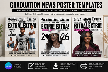 9 Graduation Newspaper Canva Template Bundle | Editable Class of 2026 Grad Poster Templates