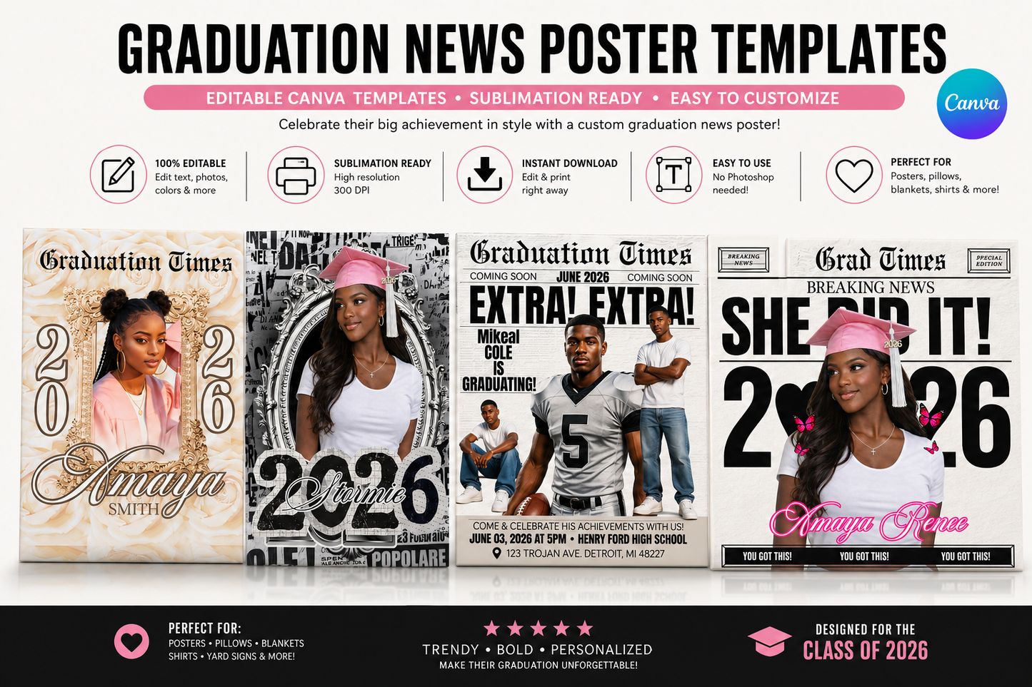 9 Graduation Newspaper Canva Template Bundle | Editable Class of 2026 Grad Poster Templates
