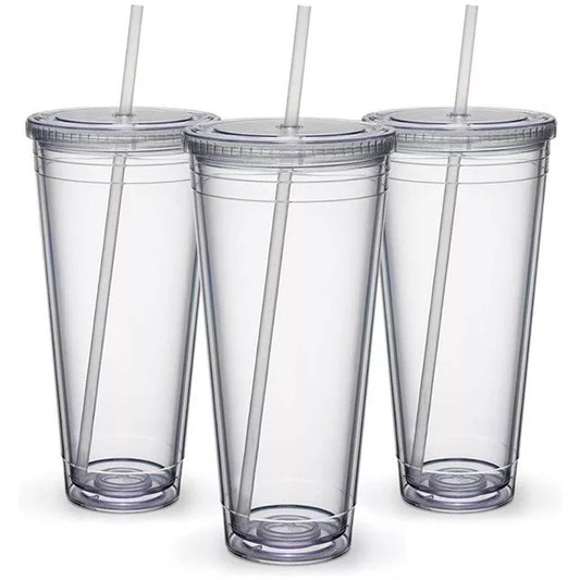 24oz Reusable Travel Ice Coffee Mugs Double Wall Insulate Clear Plastic Tumblers With Straw And Lid
