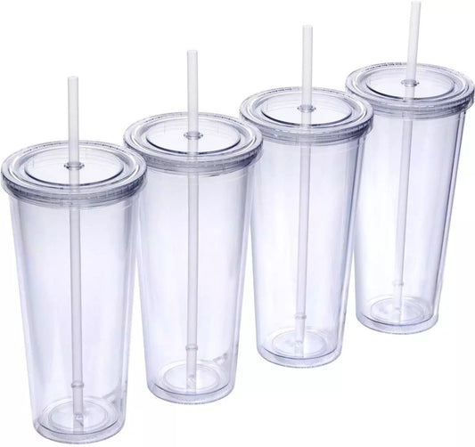 24oz Reusable Travel Ice Coffee Mugs Double Wall Insulate Clear Plastic Tumblers With Straw And Lid